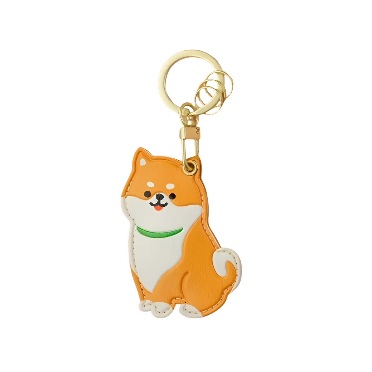 Orange and white faux leather shiba inu keychain with green collar for cute puppy cat bag charm accessory