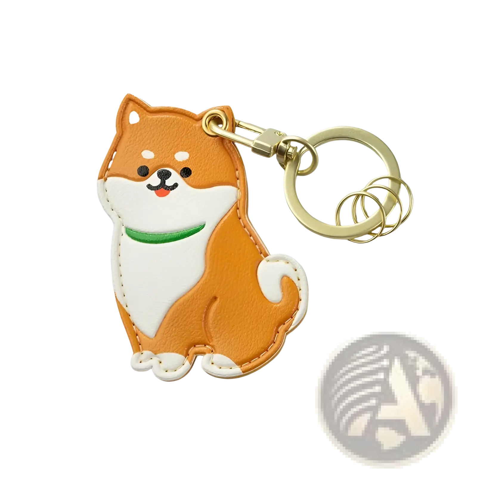 A charming orange and white faux leather shiba inu keychain with green collar and gold metal rings bag charm
