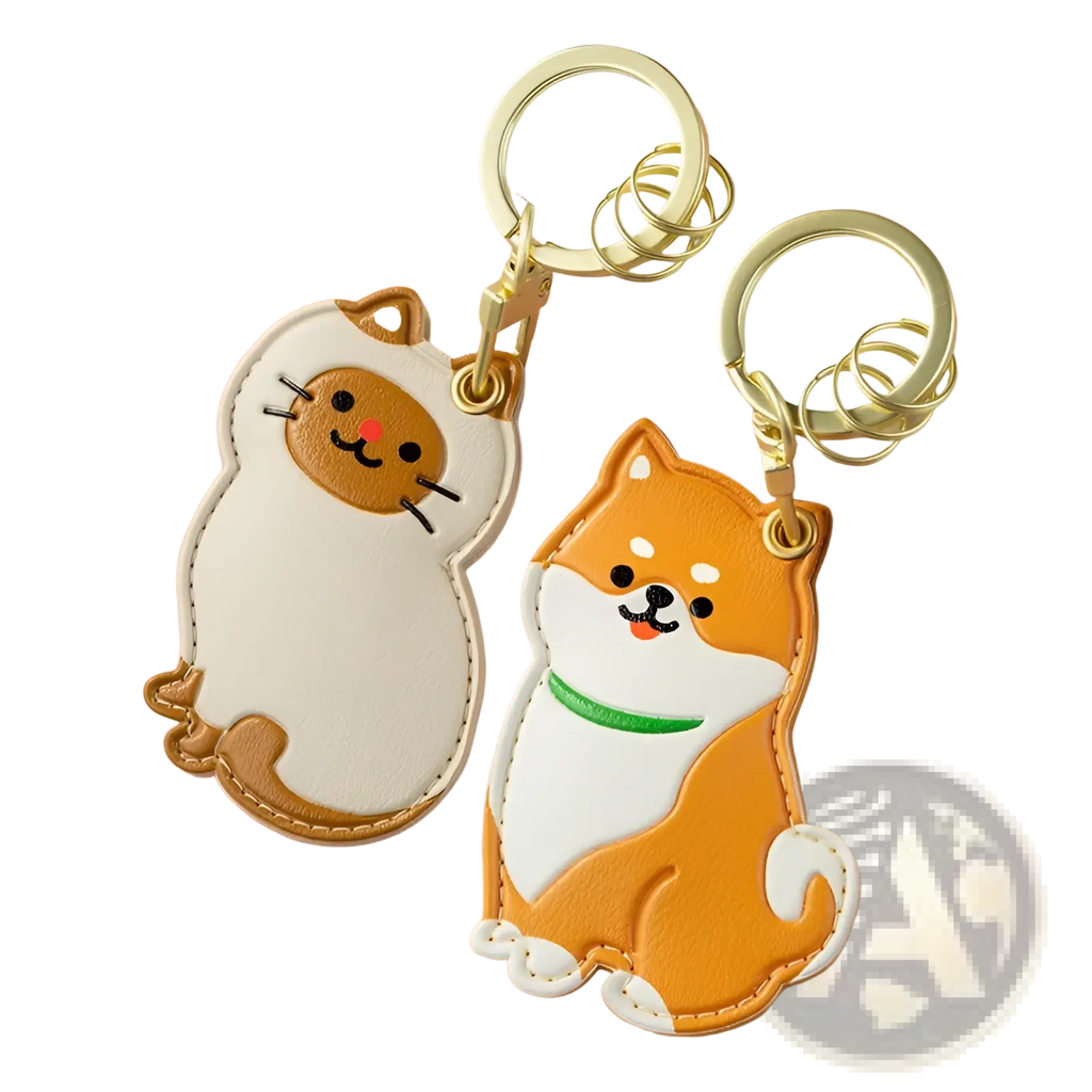 Leather animal keychain featuring a cute orange and white shiba inu puppy with green collar detail bag charm