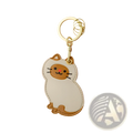 A cute cream and tan leather cat keychain with stitched details and a gold-tone metal ring bag charm