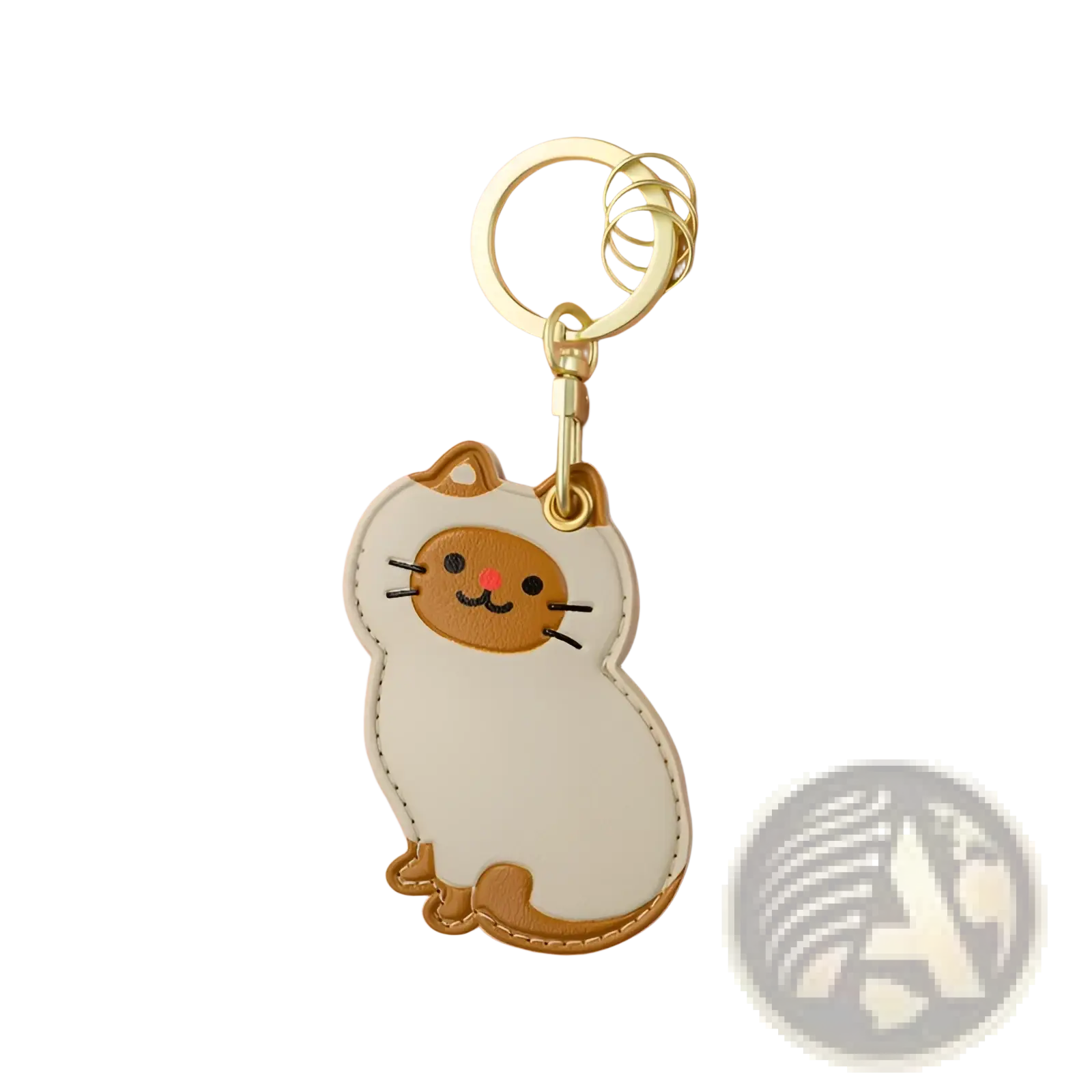 A cute cream and tan leather cat keychain with stitched details and a gold-tone metal ring bag charm