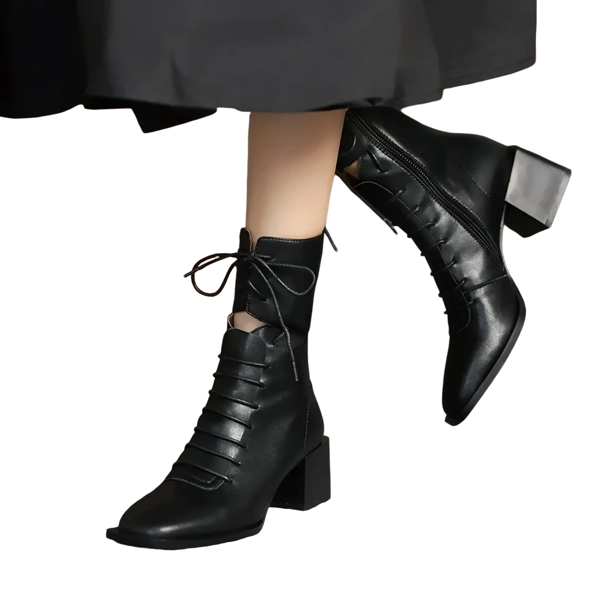 Black leather ankle boots with lace-up front and block heels ideal for winter wear