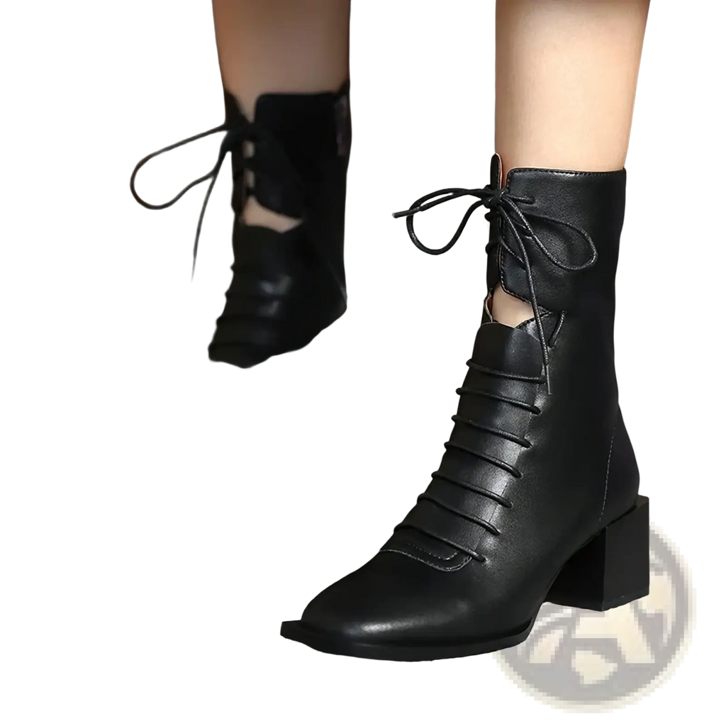 Black leather lace-up ankle boots with chunky block heel and square toe for winter wear
