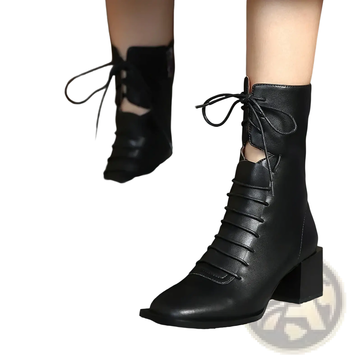 Black leather lace-up ankle boots with chunky block heel and square toe for winter wear