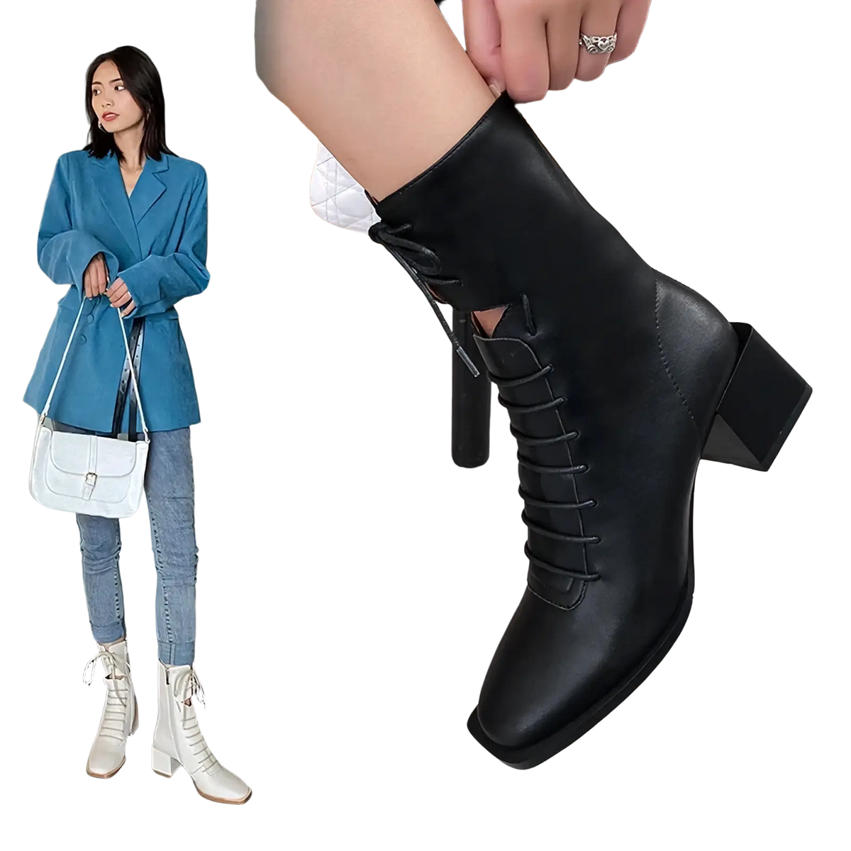 Black leather lace-up ankle boot with block heel ideal for winter footwear and casual wear