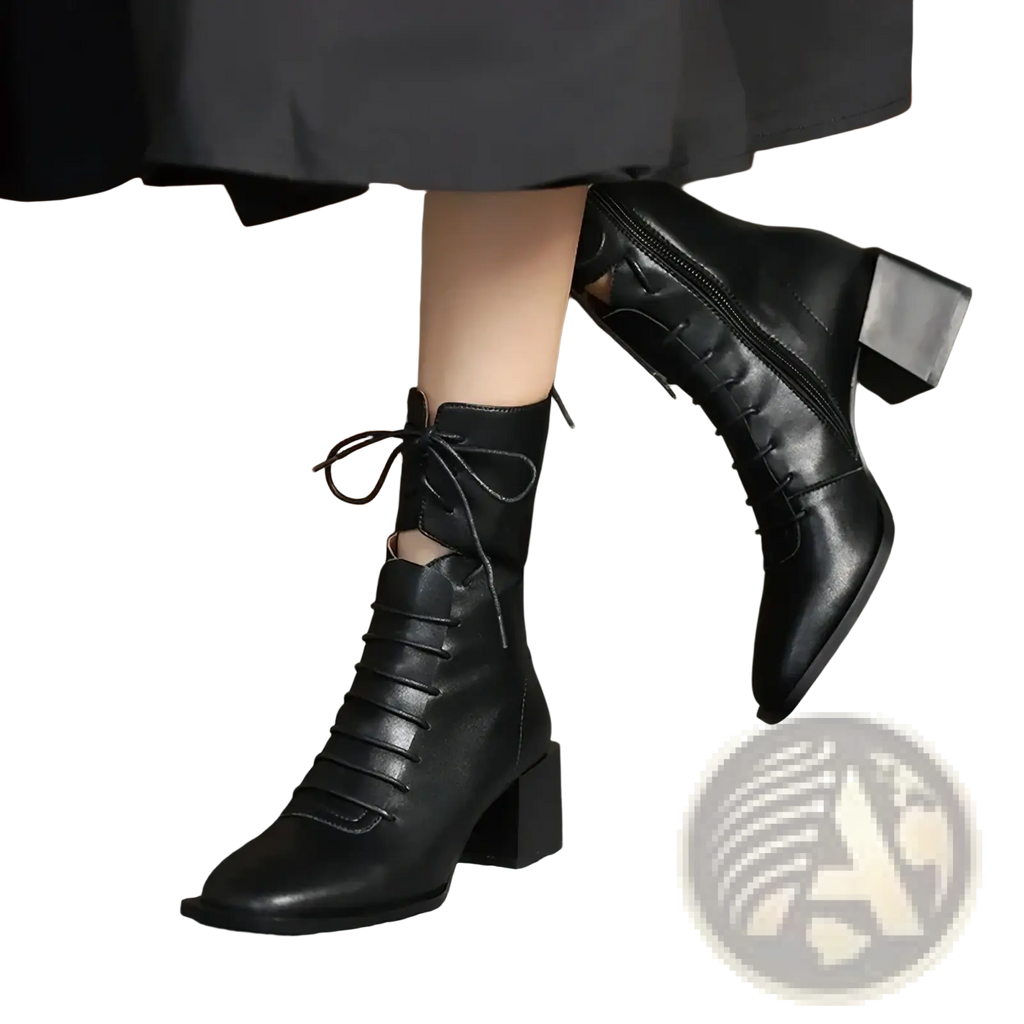 Black leather ankle boots with lace-up front and block heels ideal for winter wear
