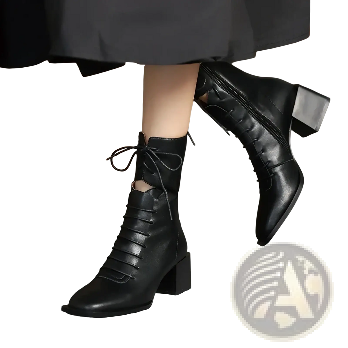 Black leather ankle boots with lace-up front and block heels ideal for winter wear