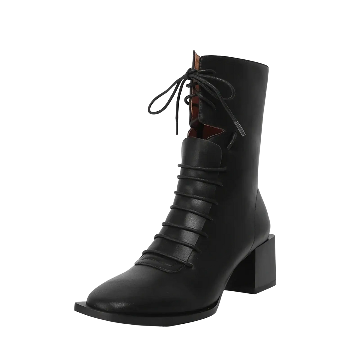 Black leather lace-up ankle boot with square toe and block heel suitable for winter wear