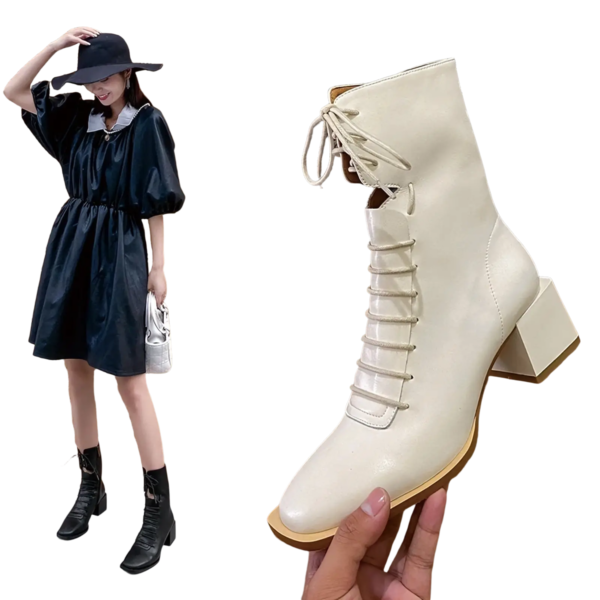 Cream-colored glossy leather ankle boots with chunky block heel and lace-up front for winter wear