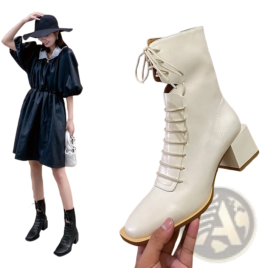 Cream-colored glossy leather ankle boots with chunky block heel and lace-up front for winter wear