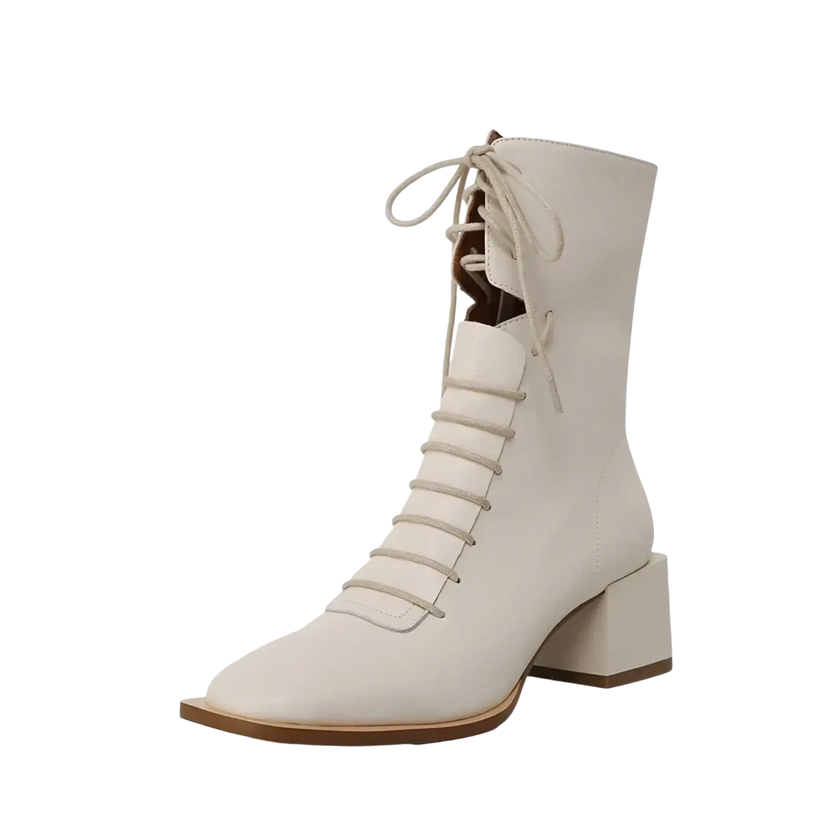 Cream-colored leather ankle boots with lace-up front square toe and block heel ideal for winter wear