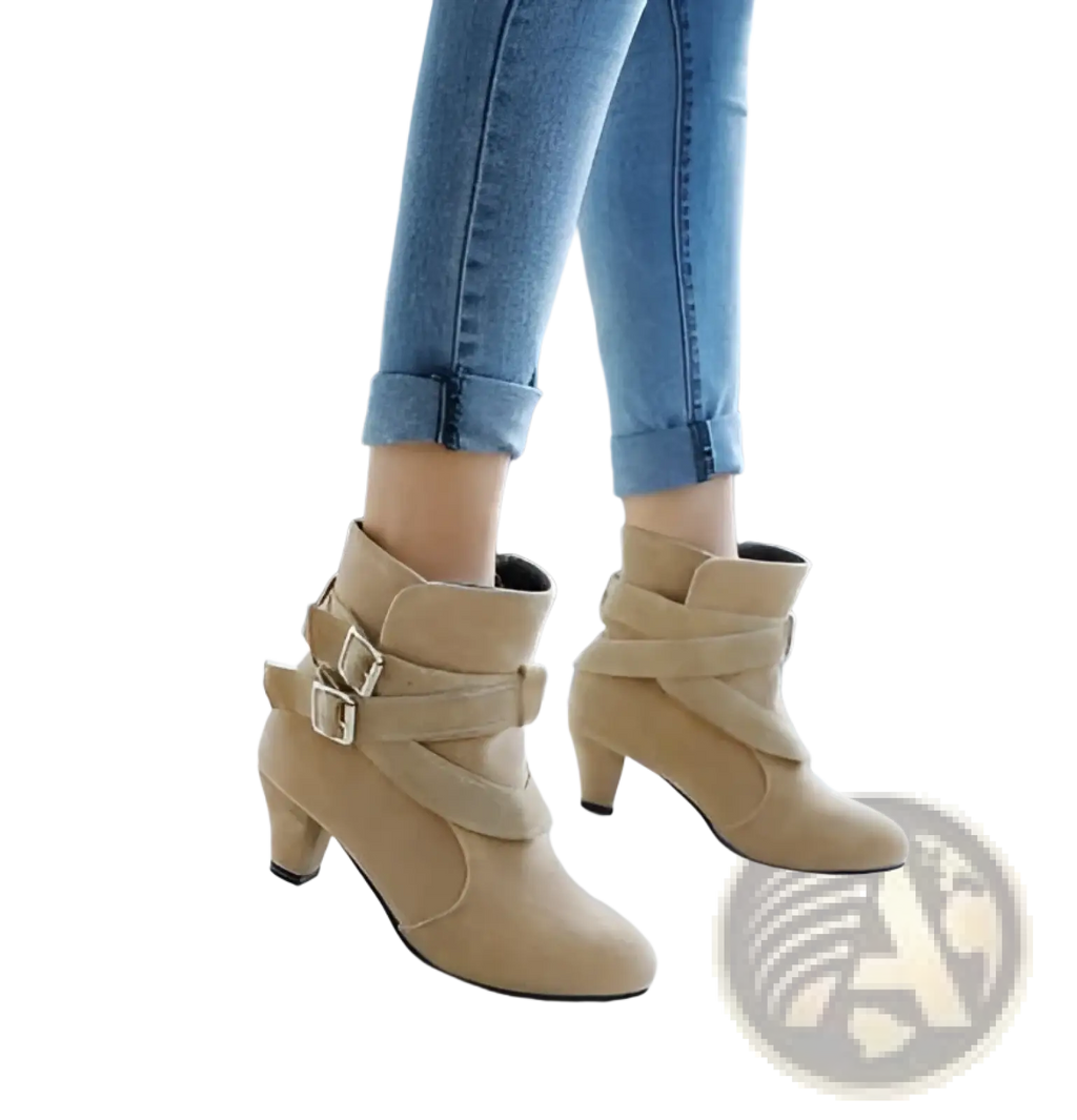 Beige suede leather ankle boots with medium block heel and gold adjustable buckle straps for stylish wear