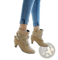 Beige suede leather ankle boots with medium block heel and gold adjustable buckle straps for stylish wear