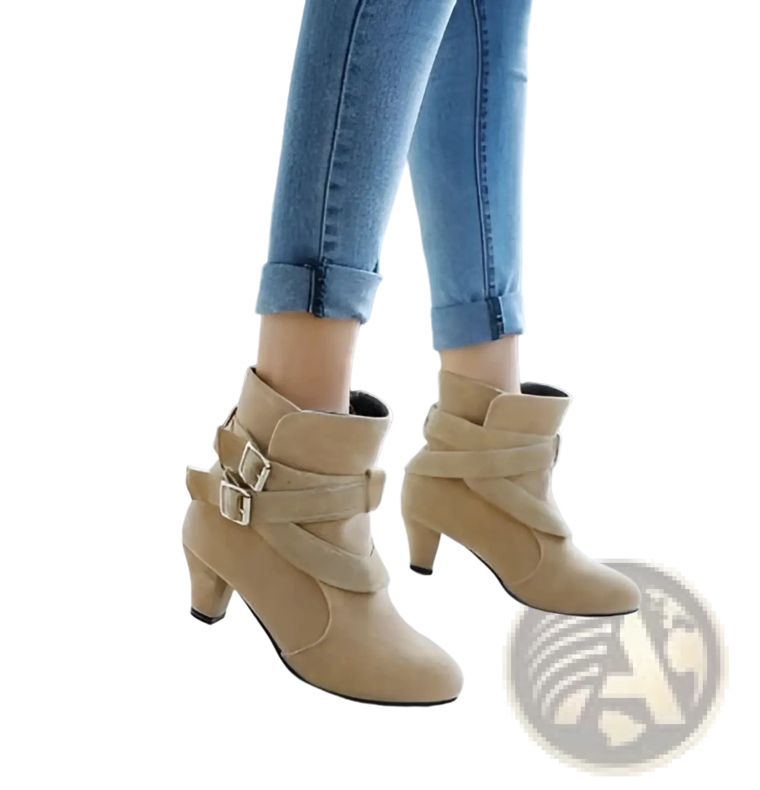 Beige suede leather ankle boots with medium block heel and gold adjustable buckle straps for stylish wear