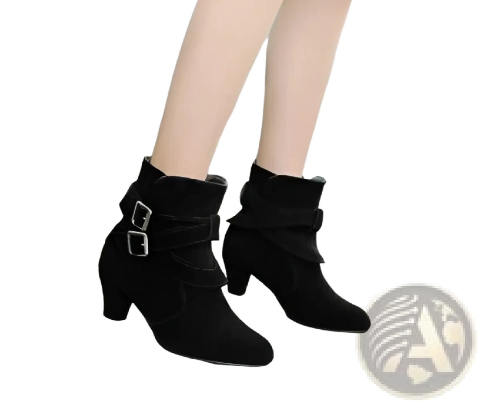 Black suede leather ankle boots with silver buckle straps and low block heel for stylish wear