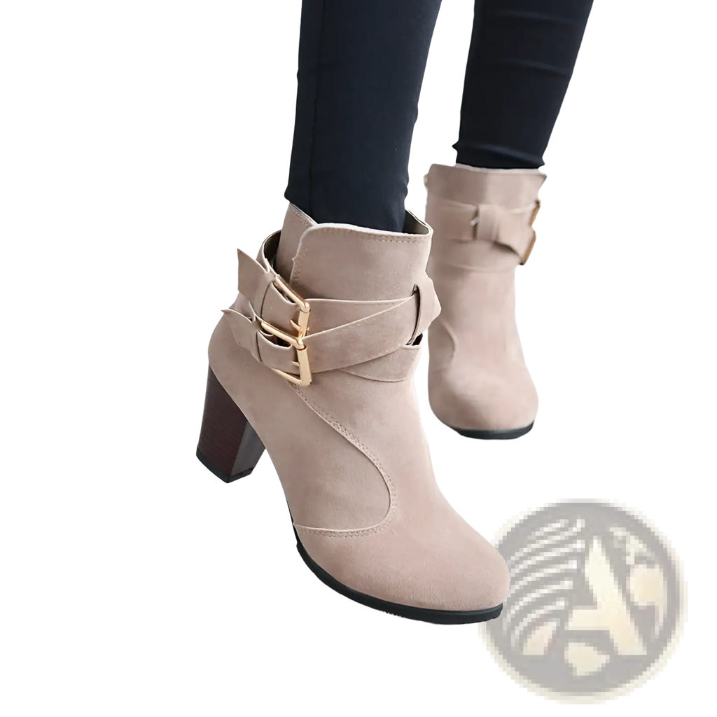Beige suede leather ankle boots with gold-tone buckle straps and block heels for stylish pumps