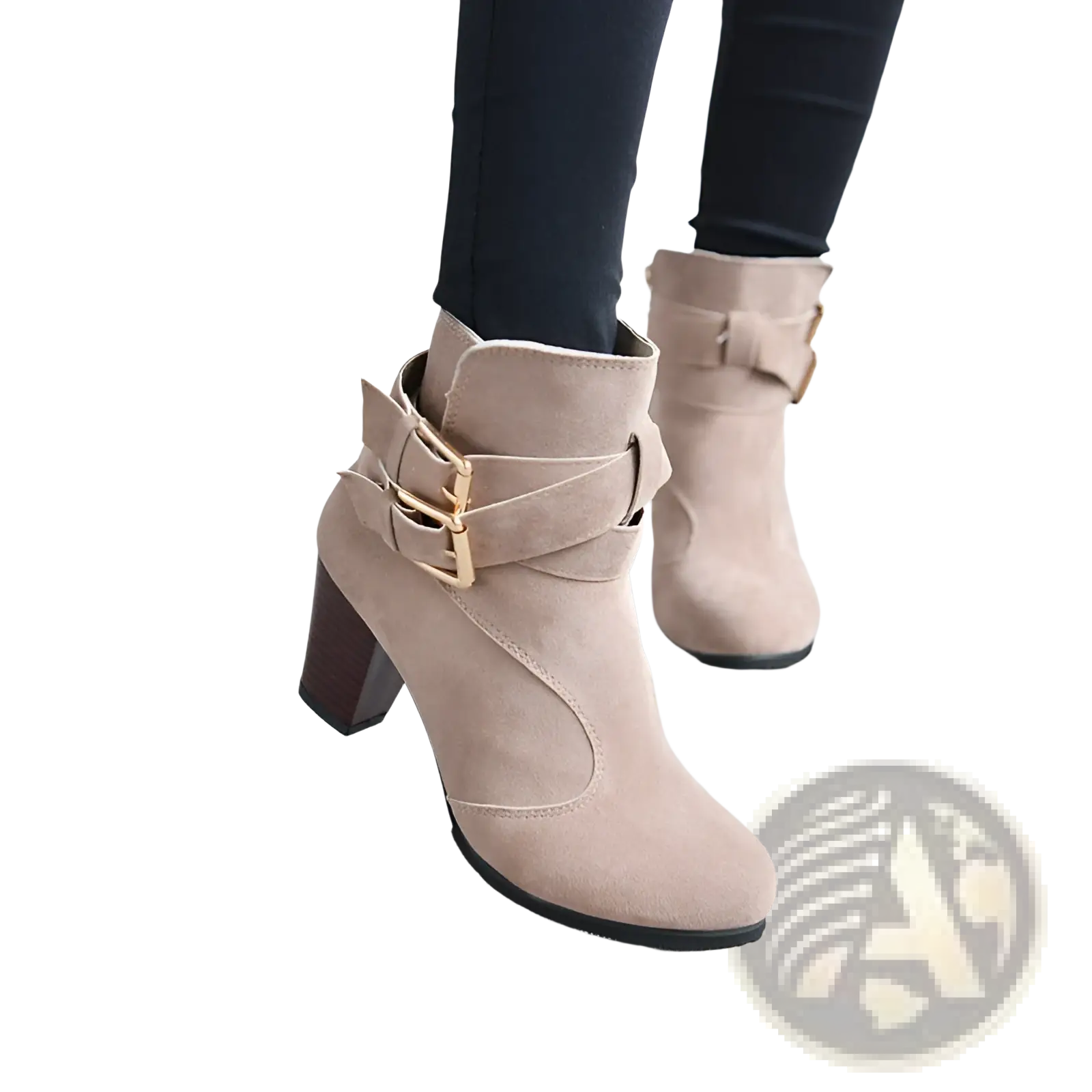 Beige leather ankle boots with gold-tone buckle straps and a block heel for stylish and comfortable wear