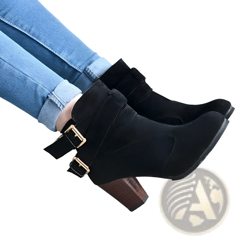 Black suede leather ankle boots with gold-tone buckle straps and wooden block heel pumps front view