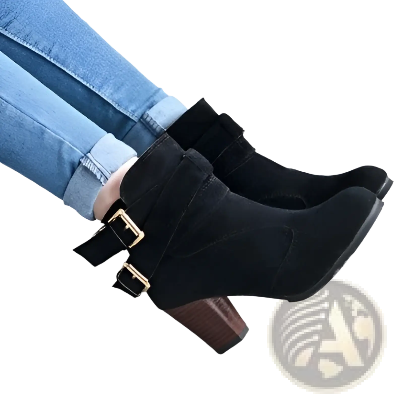 Black leather ankle boots with gold buckle straps and wooden block heels for stylish everyday wear