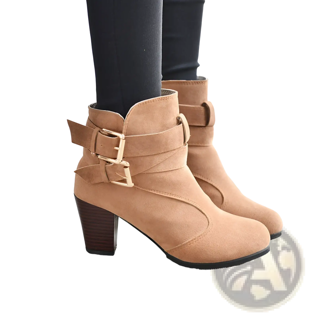 Tan suede leather ankle boots with gold-tone buckle straps and a dark brown block heel for stylish wear