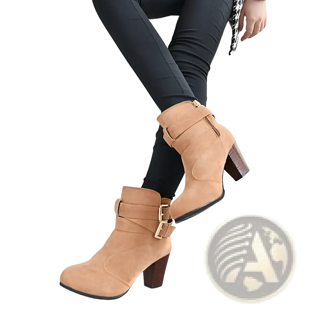 Tan suede leather ankle boots featuring gold-tone buckle straps and a chunky wooden block heel for stylish wear
