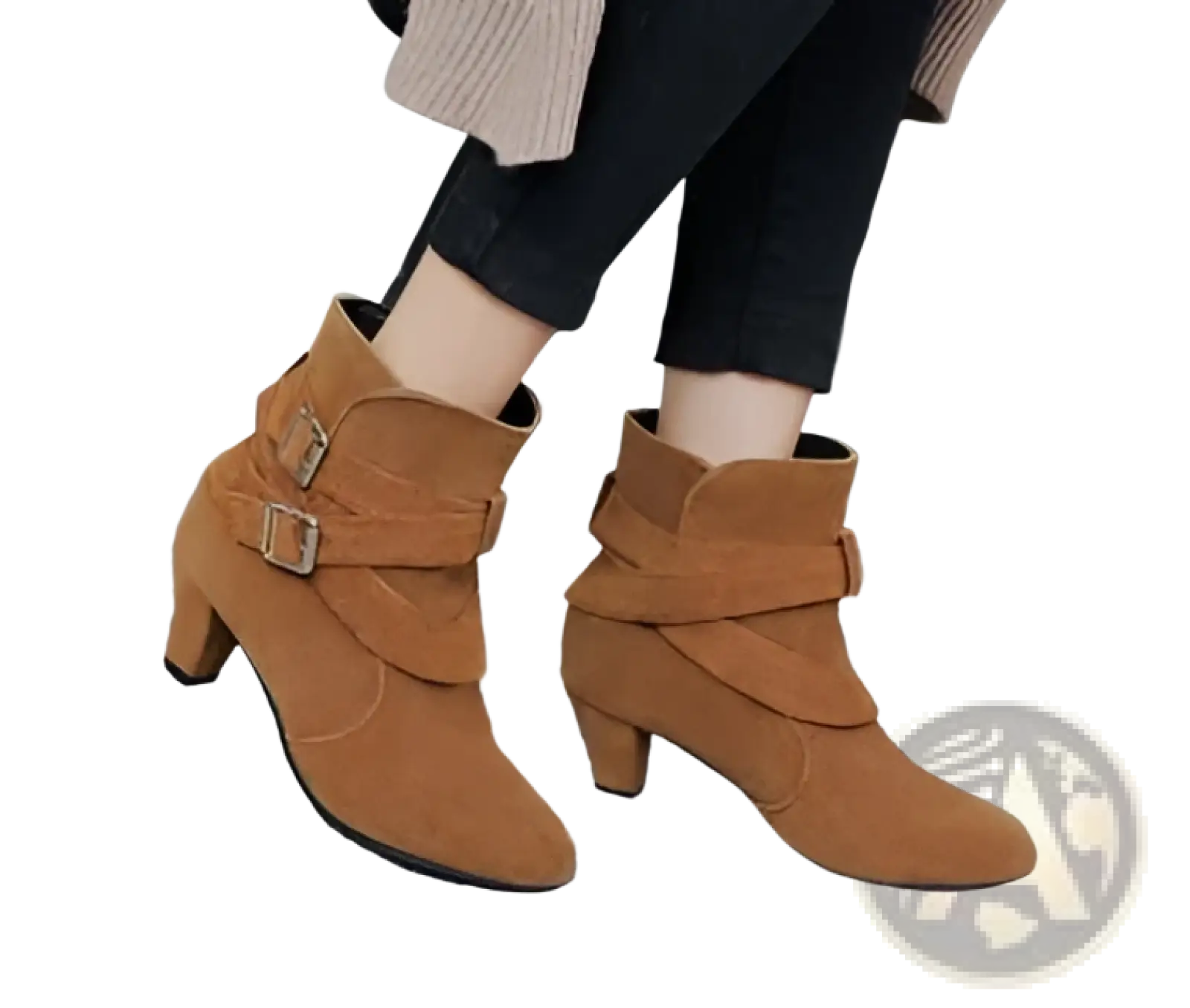 Tan suede leather ankle boots with gold buckle dual strap and low block heel for stylish everyday wear