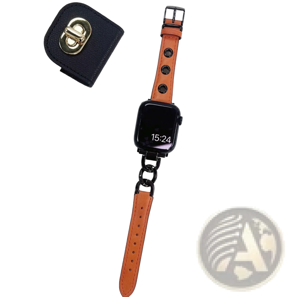 Orange leather apple watch band with black metal retro chain link and buckle designed for apple watch models