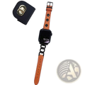 Orange leather apple watch band with black metal retro chain link and buckle designed for apple watch models
