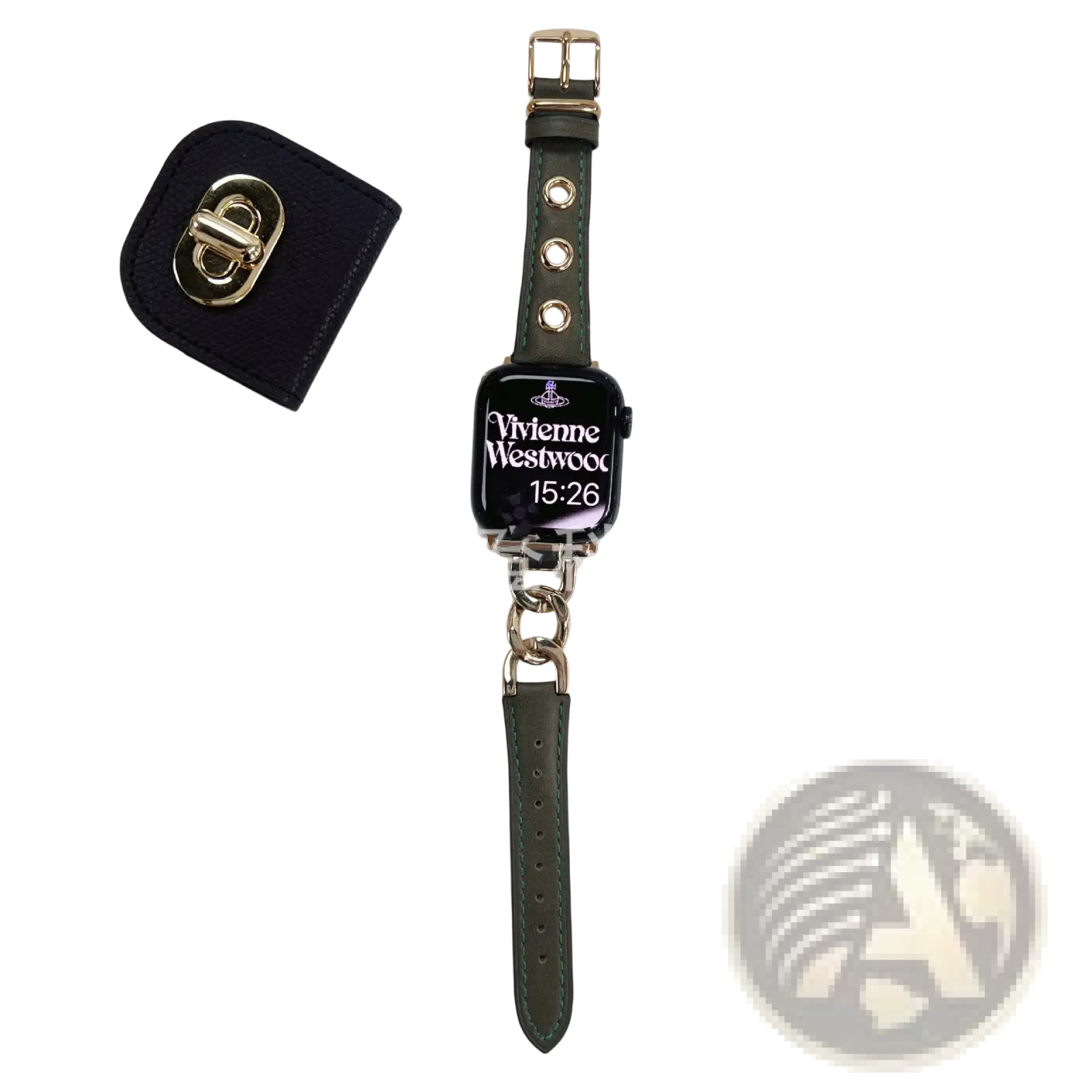 Dark green leather apple watch band with gold-tone hardware and retro chain link design
