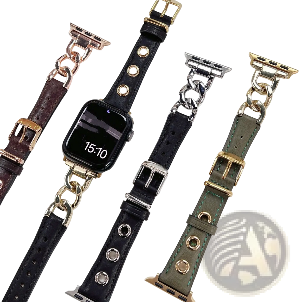 Black leather apple watch band with retro gold-tone chain link hardware and elegant design