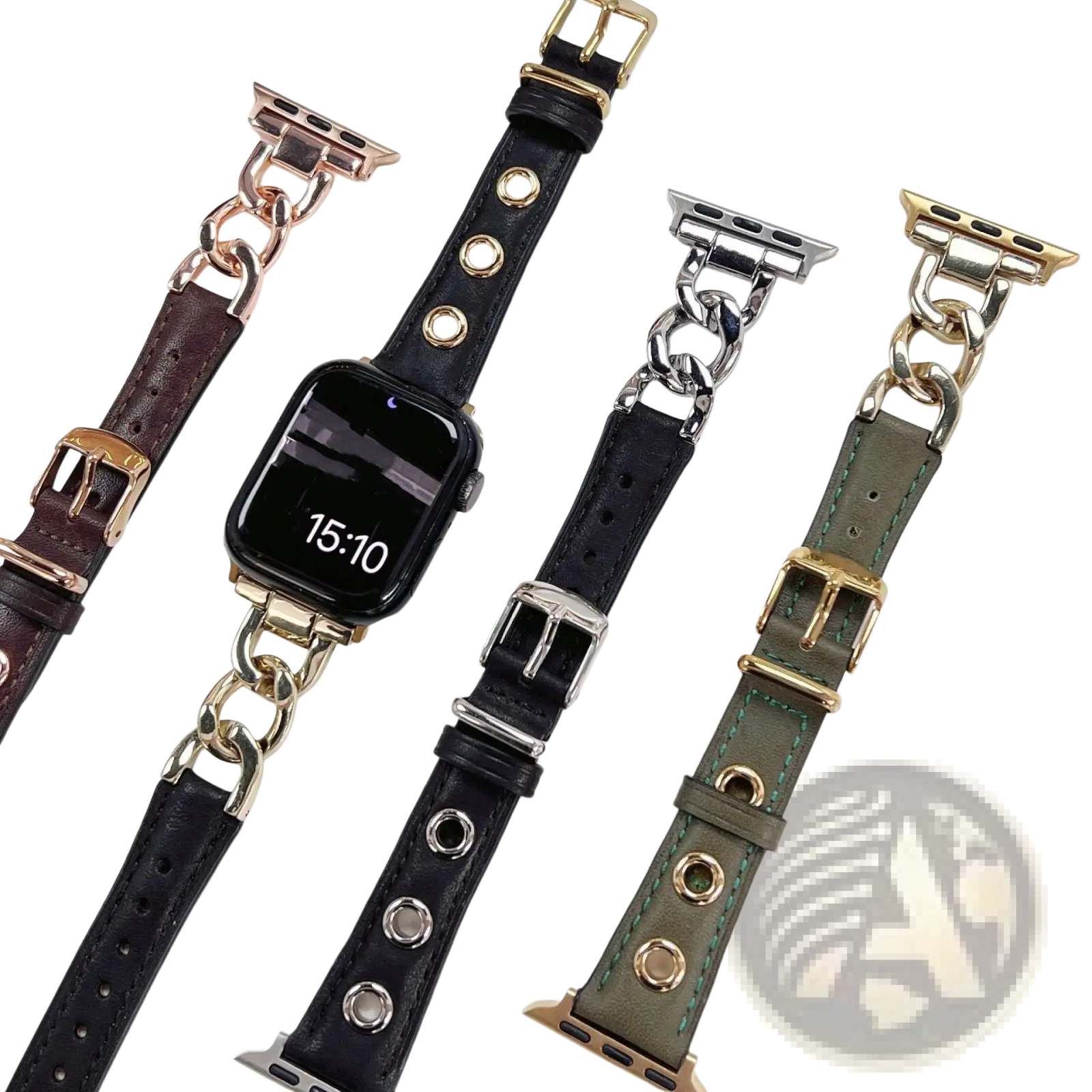Black leather apple watch band with retro gold-tone chain link hardware and elegant design
