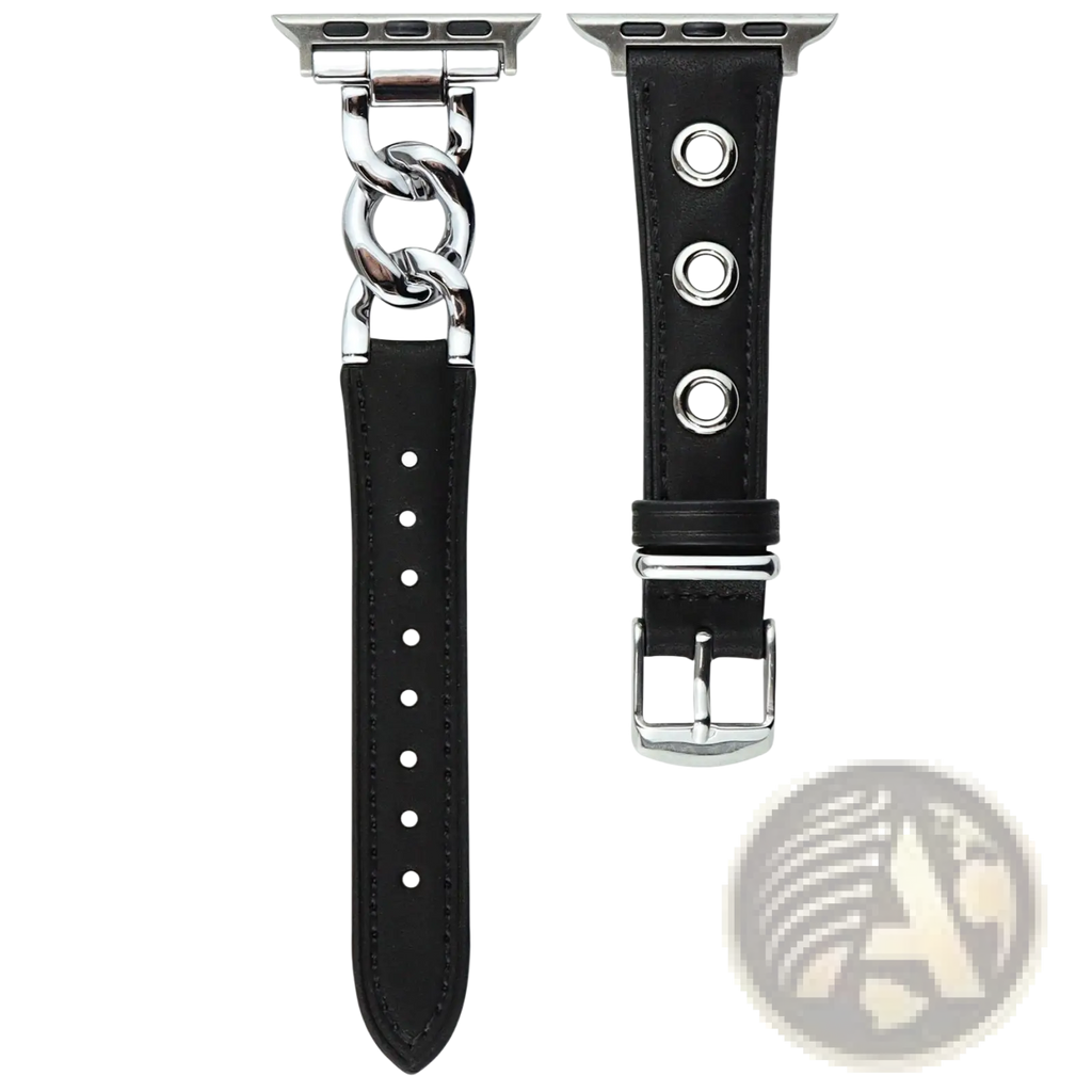Black leather apple watch band with retro silver-toned chain link clasp and buckle for stylish wear