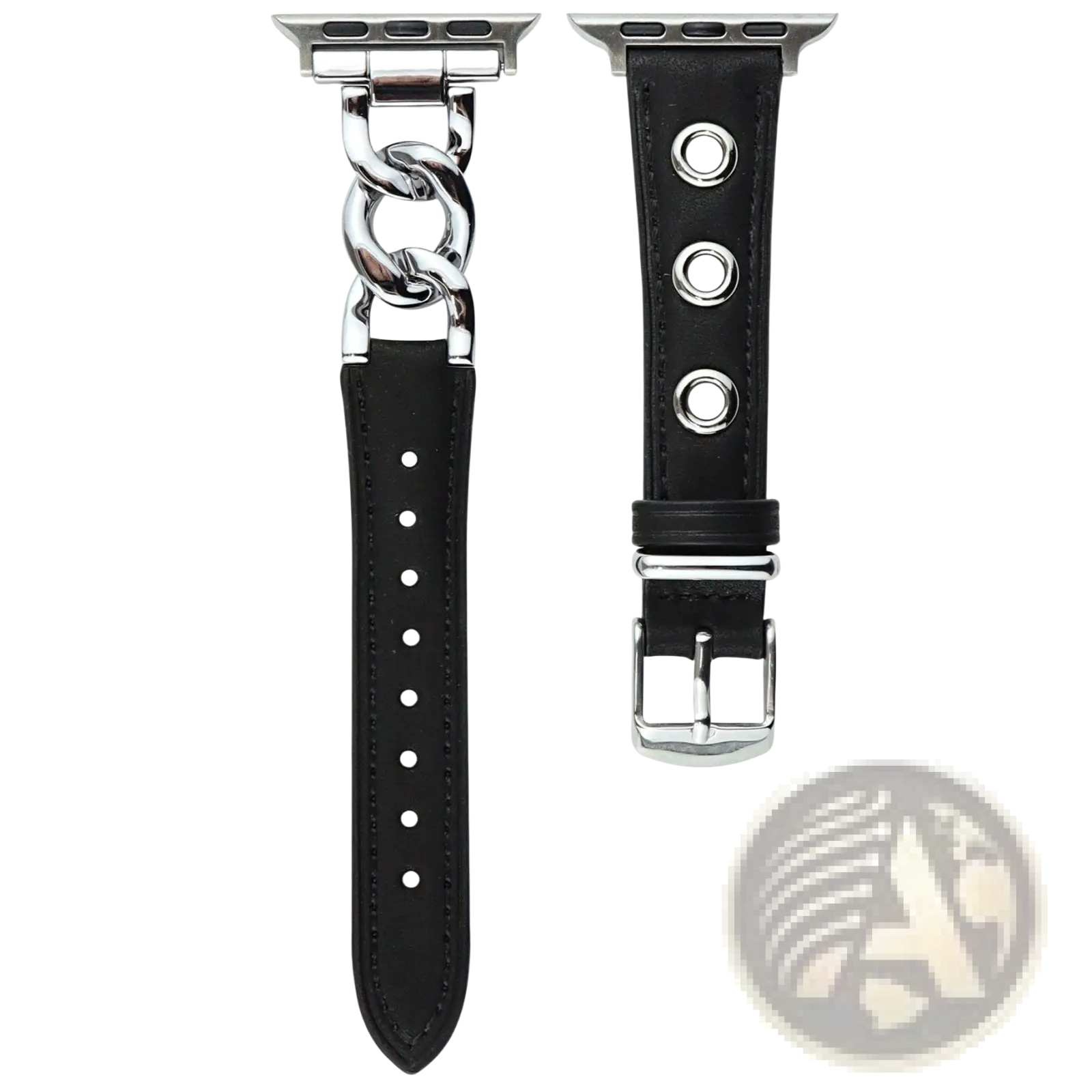 Black leather apple watch band with retro silver-toned chain link clasp and buckle for stylish wear