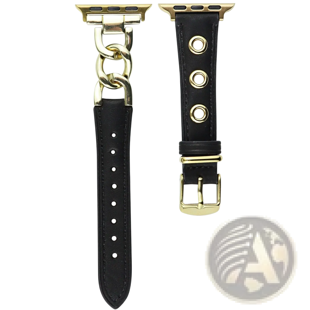 Black leather apple watch band with retro gold-tone chain link and buckle accents for stylish wear