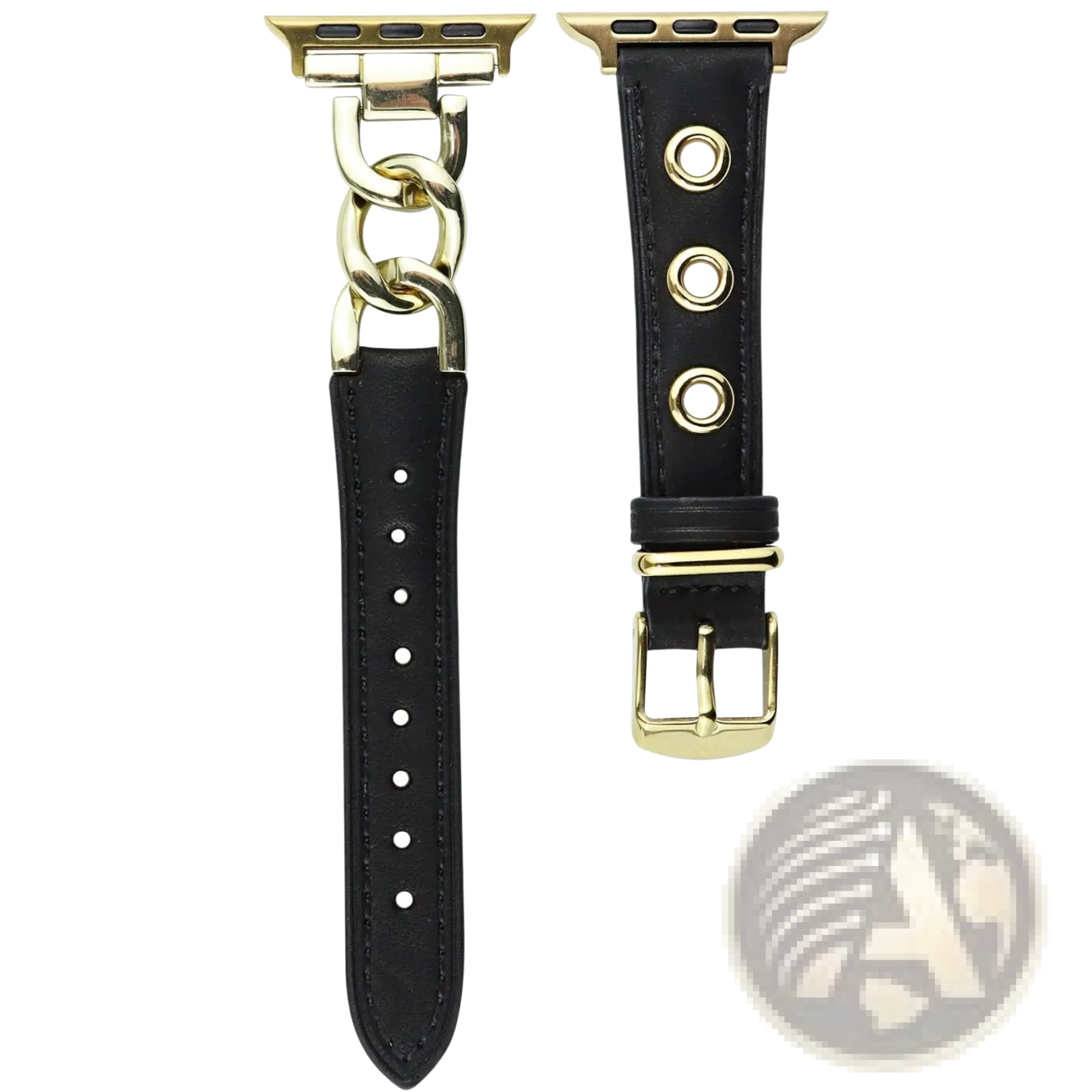 Black leather apple watch band with retro gold-tone chain link and buckle accents for stylish wear