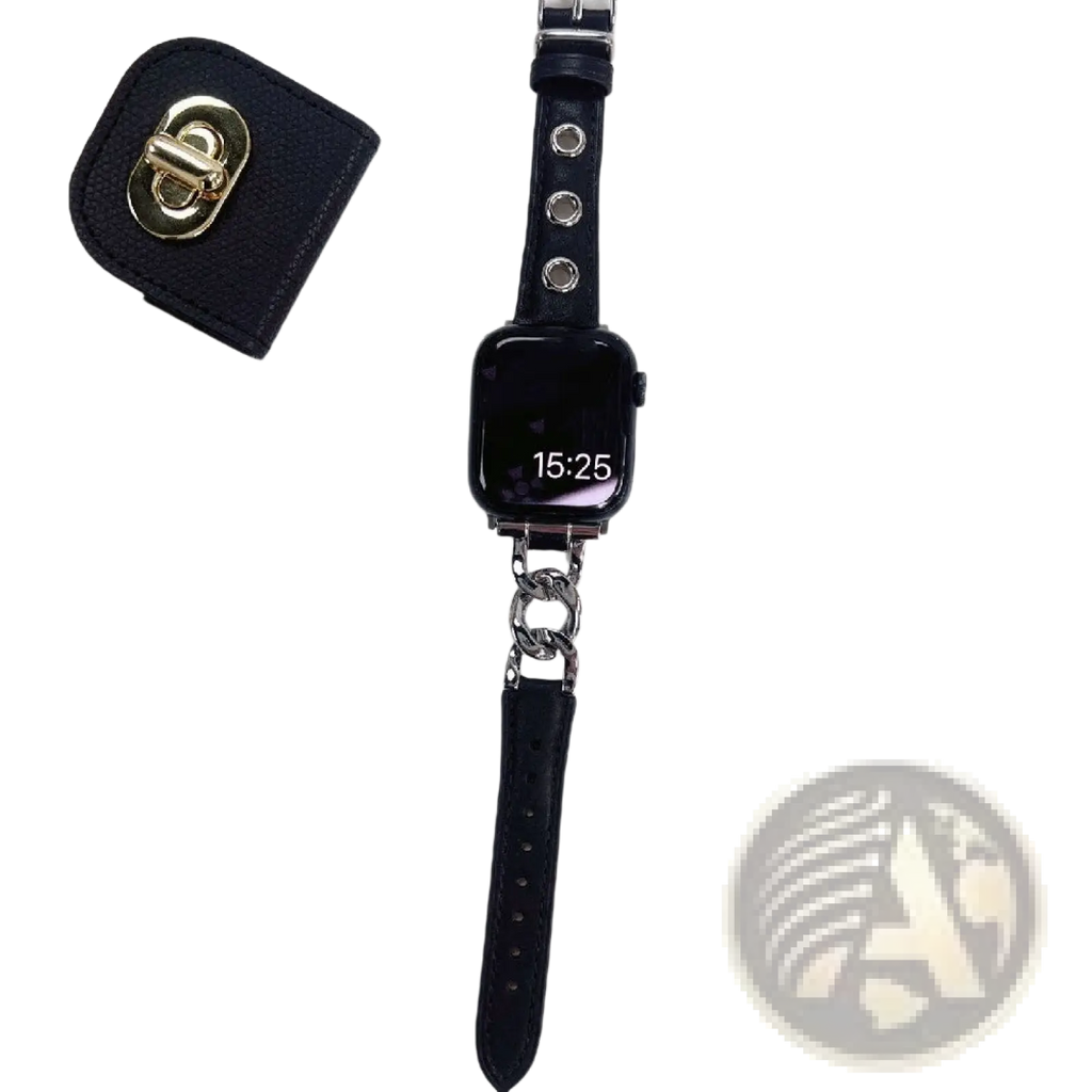 Black leather Apple Watch band with silver chain link connector and circular metal studs in retro style