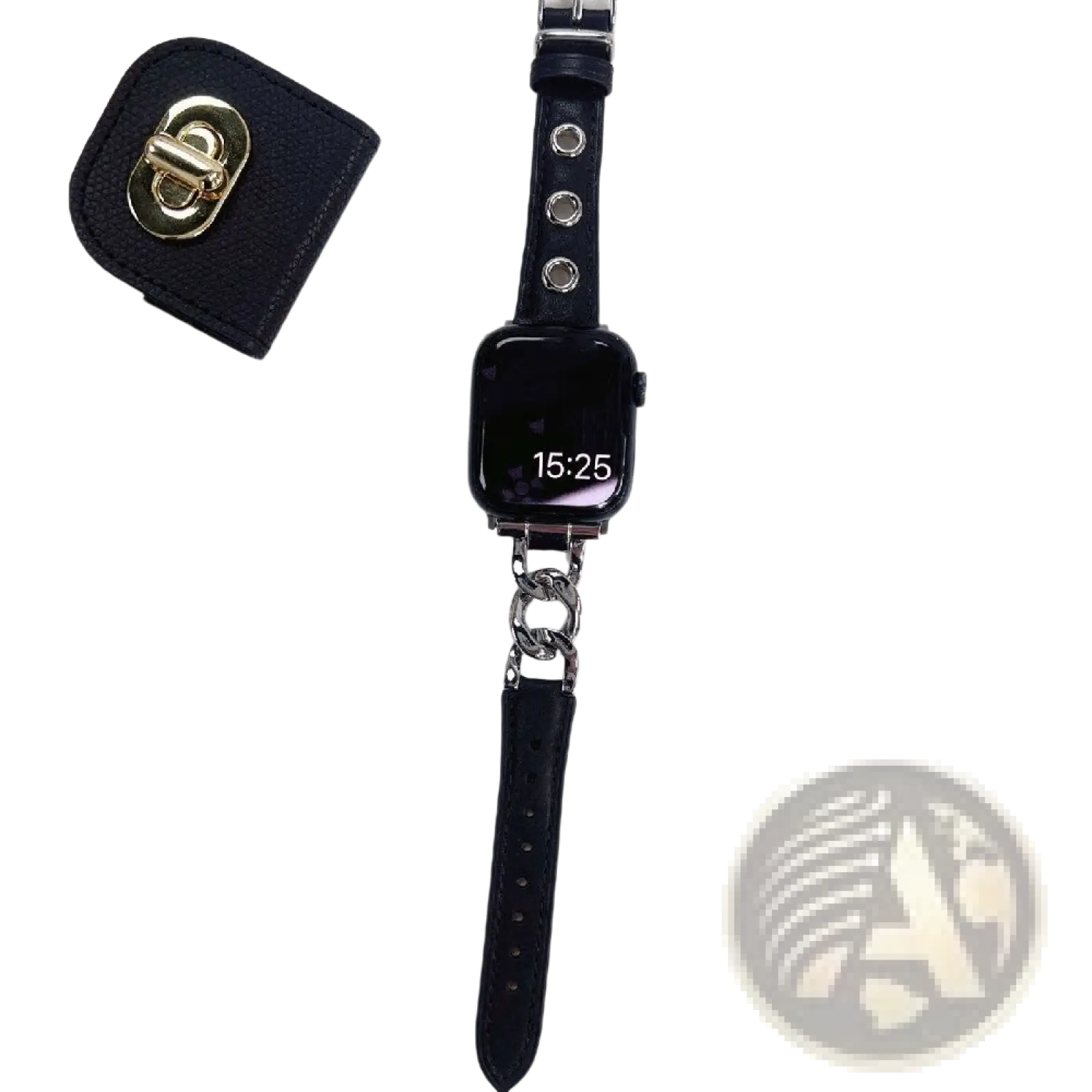 Black leather Apple Watch band with silver chain link connector and circular metal studs in retro style
