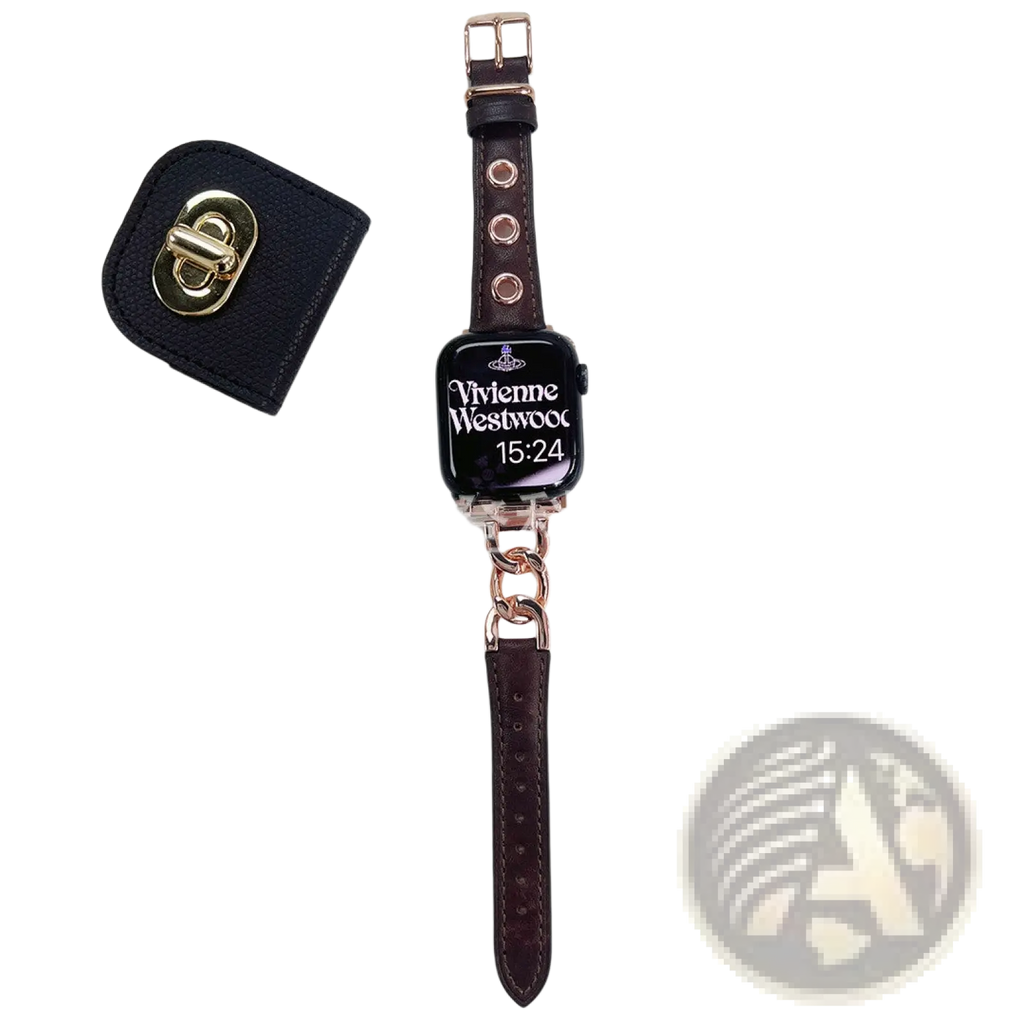 Leather apple watch band with brown leather strap rose gold chain link and buckle for a retro style accessory