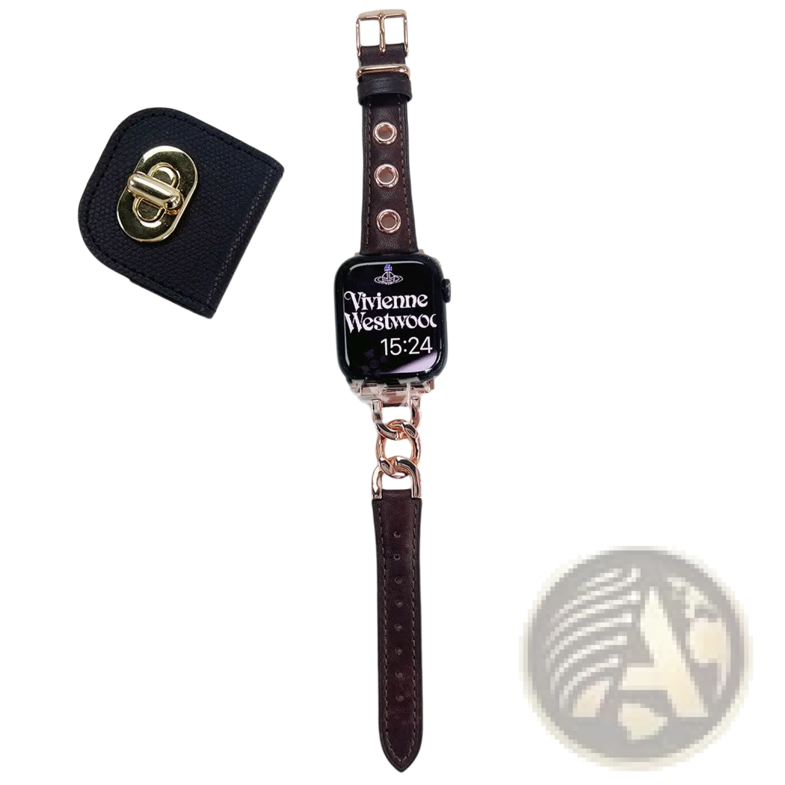 Leather apple watch band with brown leather strap rose gold chain link and buckle for a retro style accessory