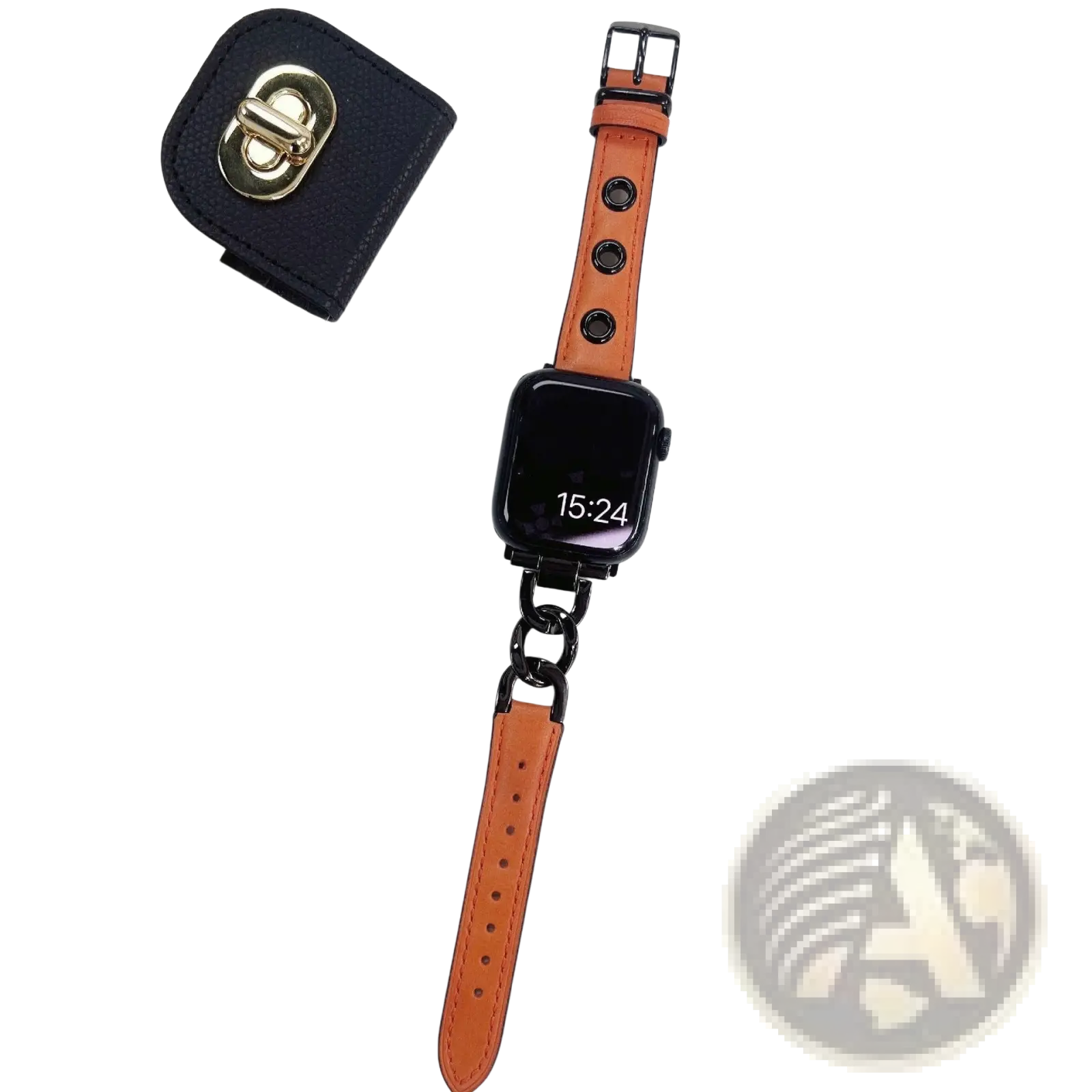 Orange leather apple watch band with black metal retro chain link and buckle for a stylish secure fit