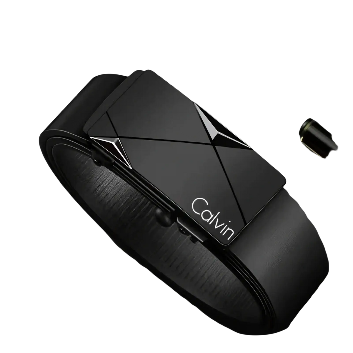 Black leather automatic buckle belt for men with a sleek matte finish metal buckle featuring calvin brand name