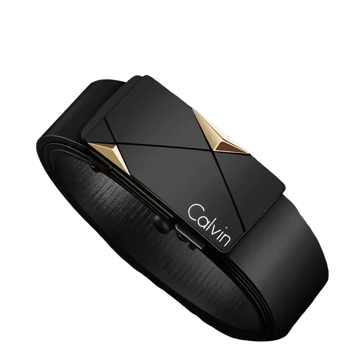 Black leather automatic buckle belt for men with a sleek geometric gold accented calvin buckle