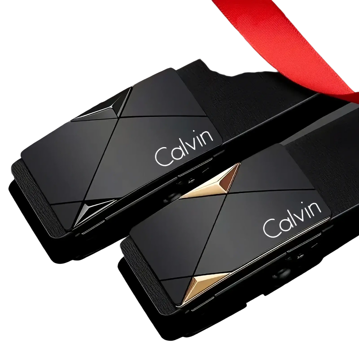 Black calvin klein leather automatic buckle belt for men with geometric gold accents and a sleek modern design