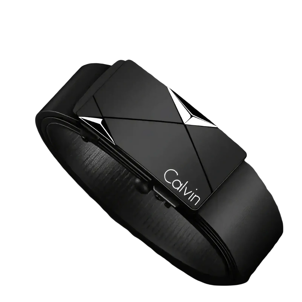 Black leather automatic buckle belt for men with a sleek calvin klein geometric buckle featuring silver accents