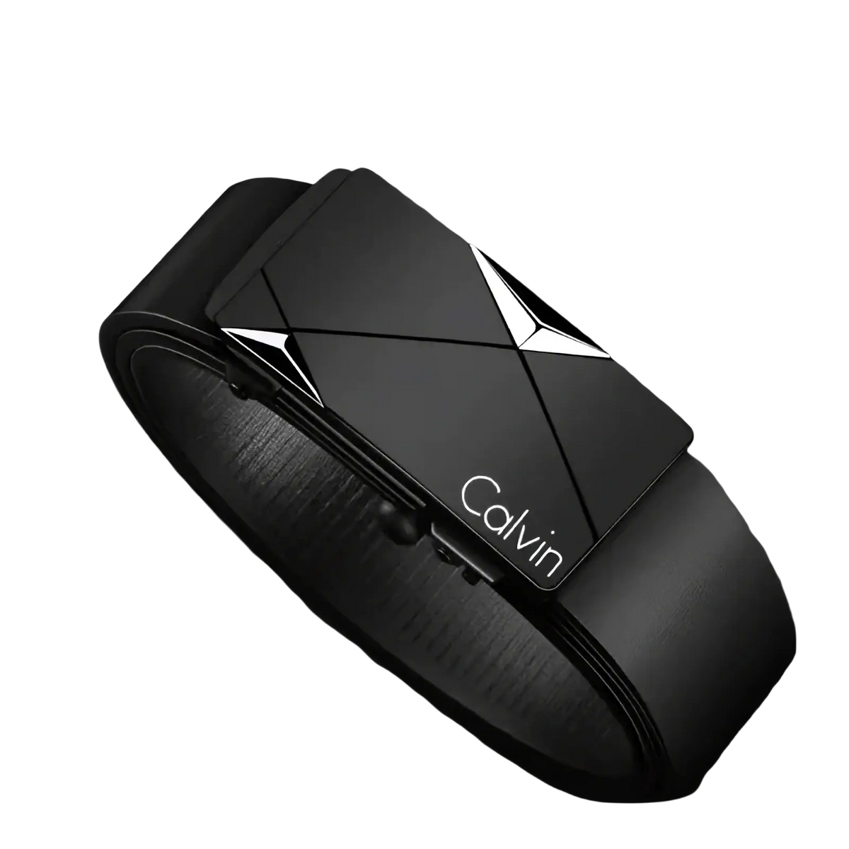 Black leather automatic buckle belt for men with sleek geometric silver-accented Calvin Klein engraved buckle