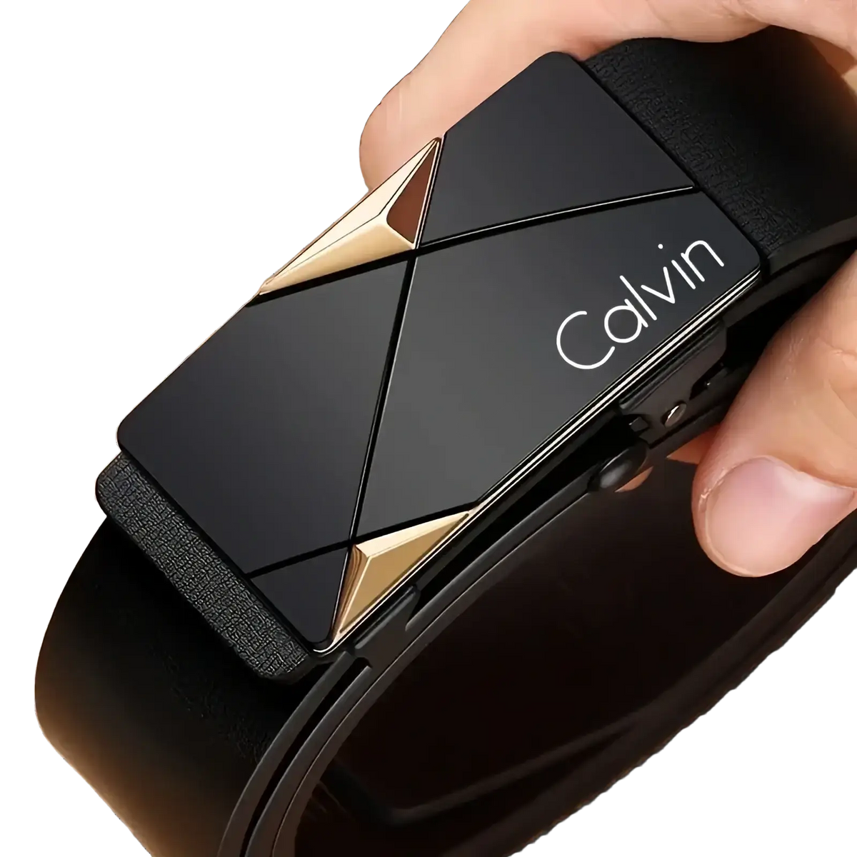 Black leather automatic buckle belt for men with a sleek geometric buckle and gold-tone triangular accents