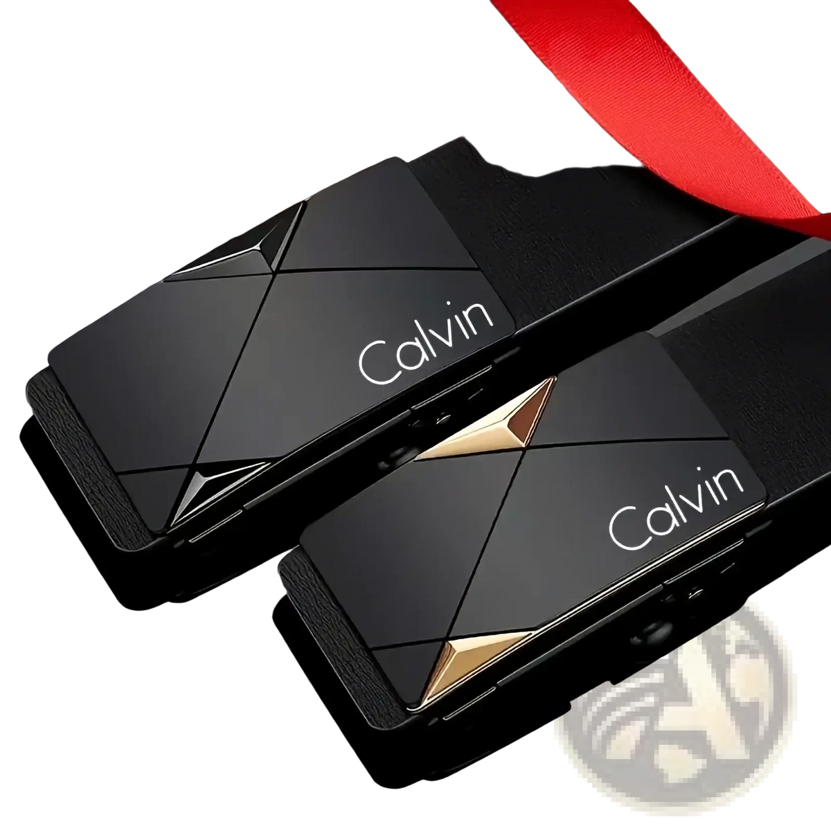 Black Calvin Klein leather automatic buckle belt for men featuring geometric gold-trimmed belt buckles