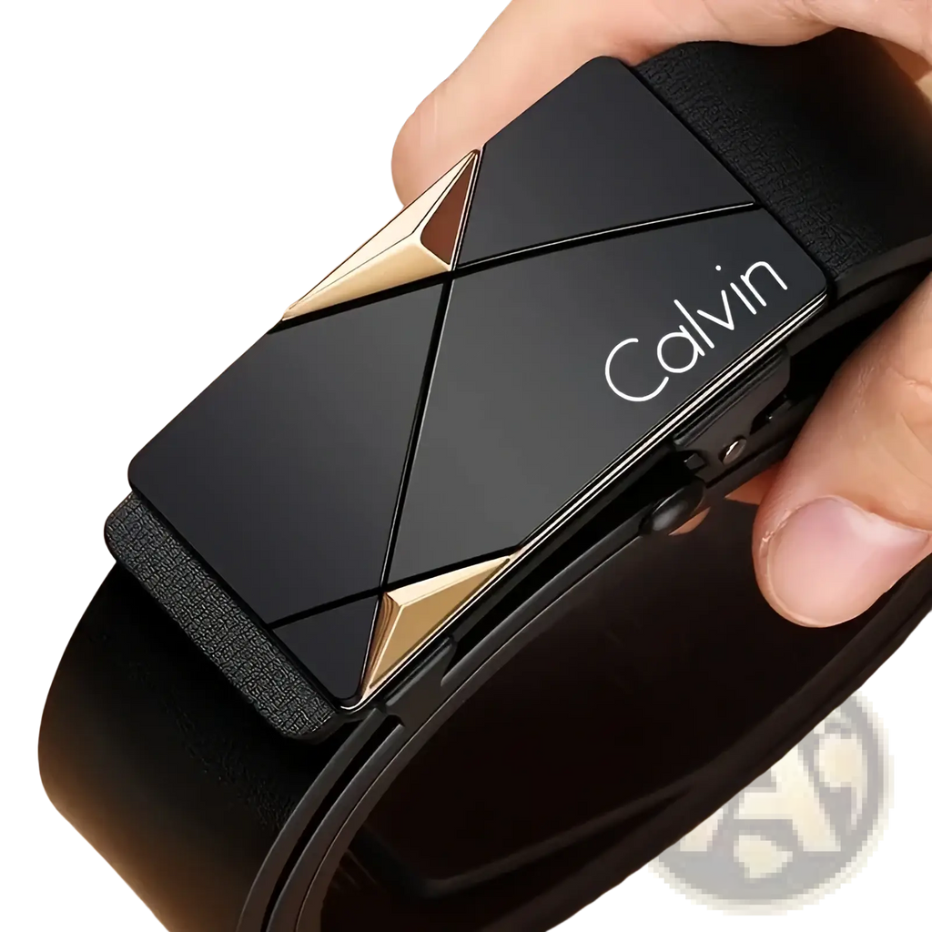 Black calvin klein leather automatic buckle belt for men with a sleek geometric buckle and gold-tone triangular accents
