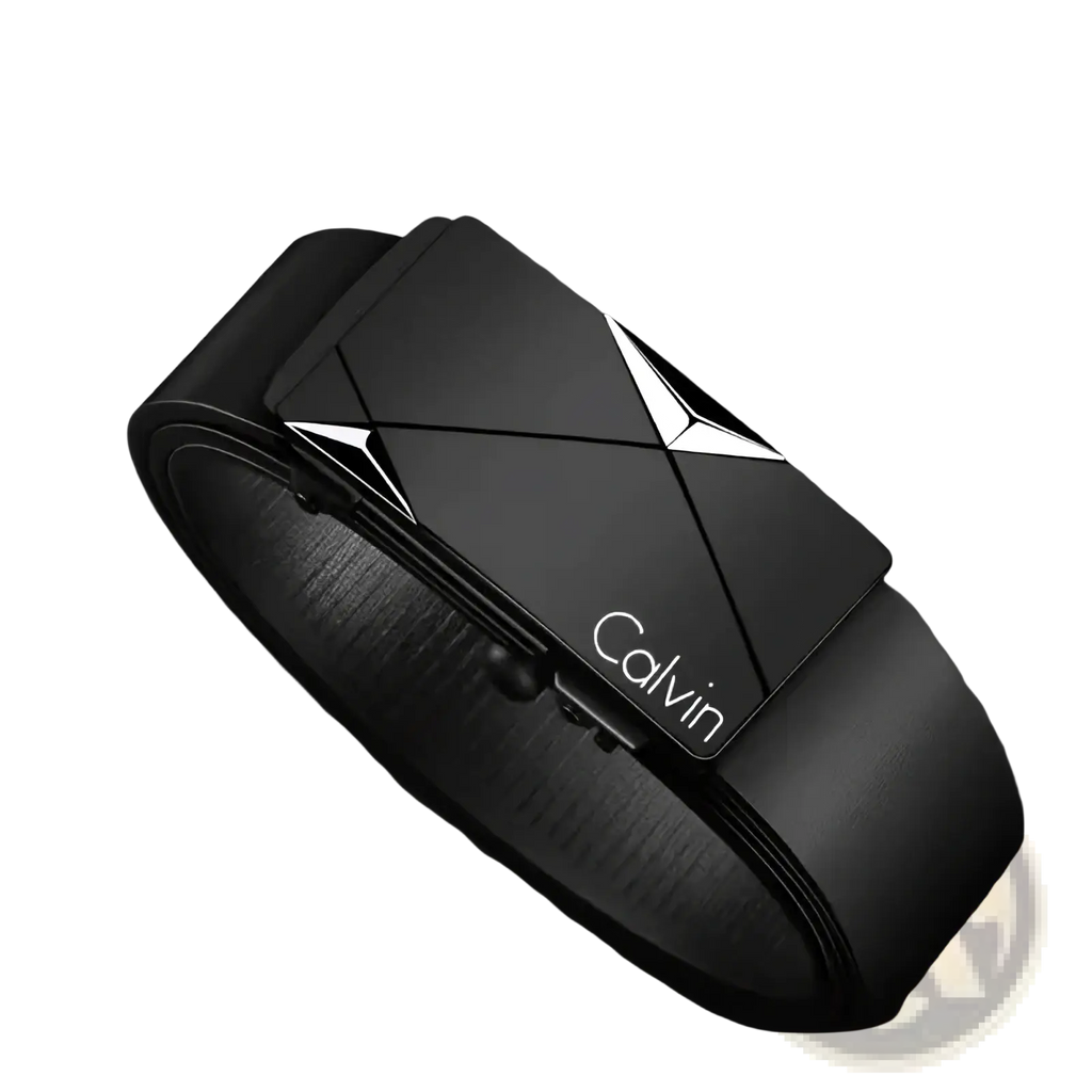 Black leather automatic buckle belt for men with sleek geometric silver-accented Calvin Klein engraved buckle