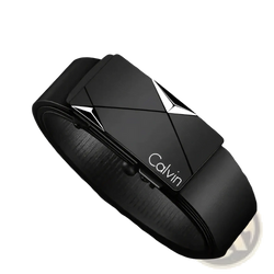 Black leather automatic buckle belt for men with sleek geometric silver-accented Calvin Klein engraved buckle